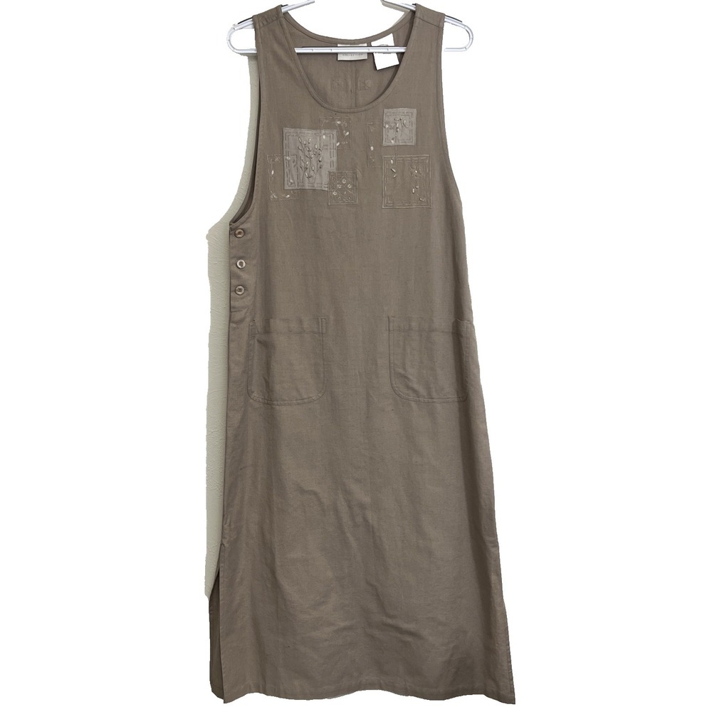 Erika Collection Linen Cotton Jumper Dress Womens S Taupe VTG Floral Embroidered